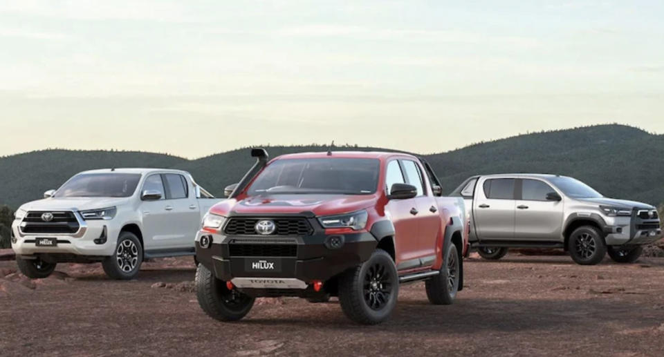 Toyota Hilux utes are pictured.