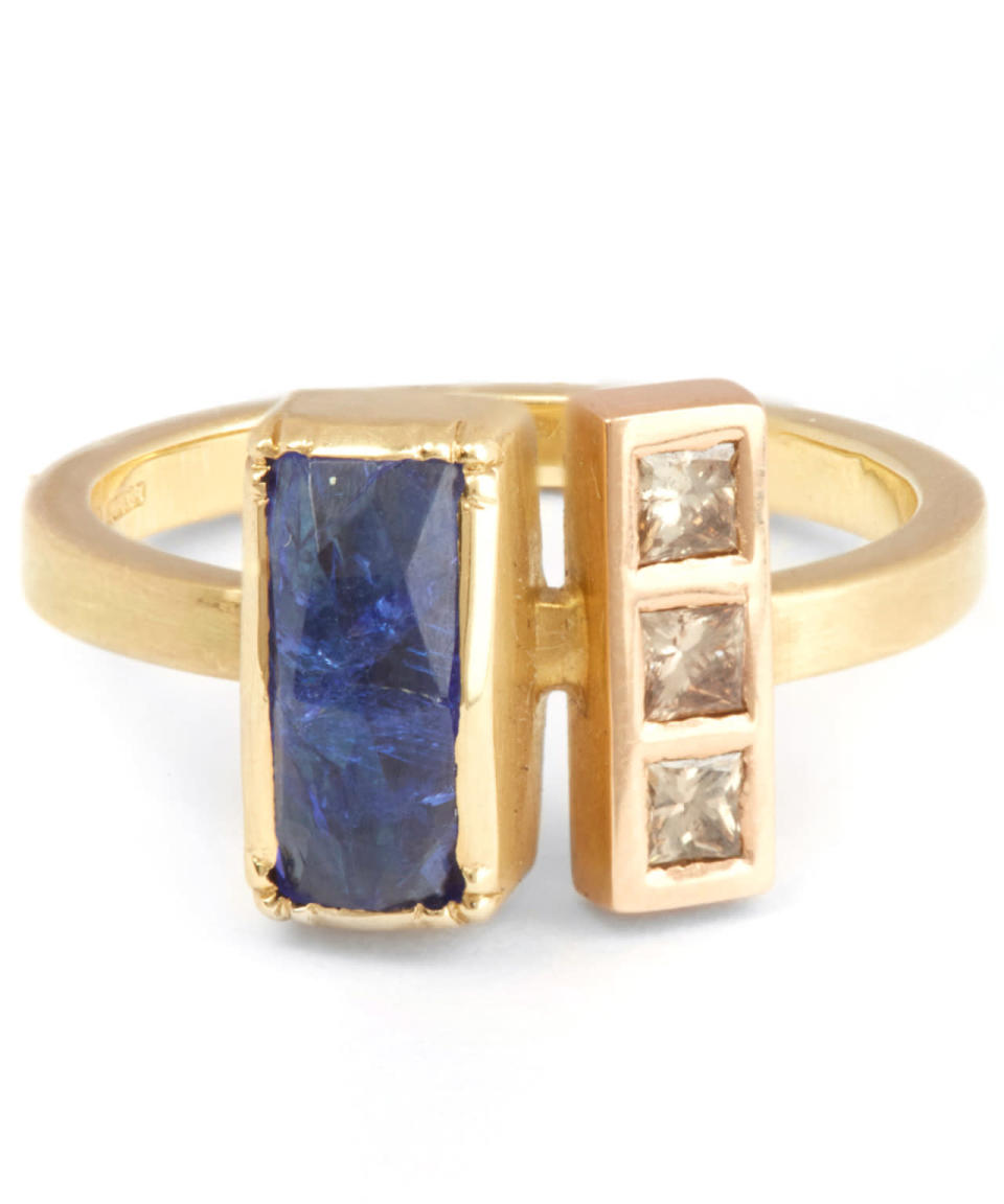 <p><i><a href="http://www.liberty.co.uk/fcp/product/Liberty//Gold-Ziggurat-Tanzanite-Diamond-Ring/146303" rel="nofollow noopener" target="_blank" data-ylk="slk:Liberty, £2,835;elm:context_link;itc:0;sec:content-canvas" class="link ">Liberty, £2,835</a></i></p>