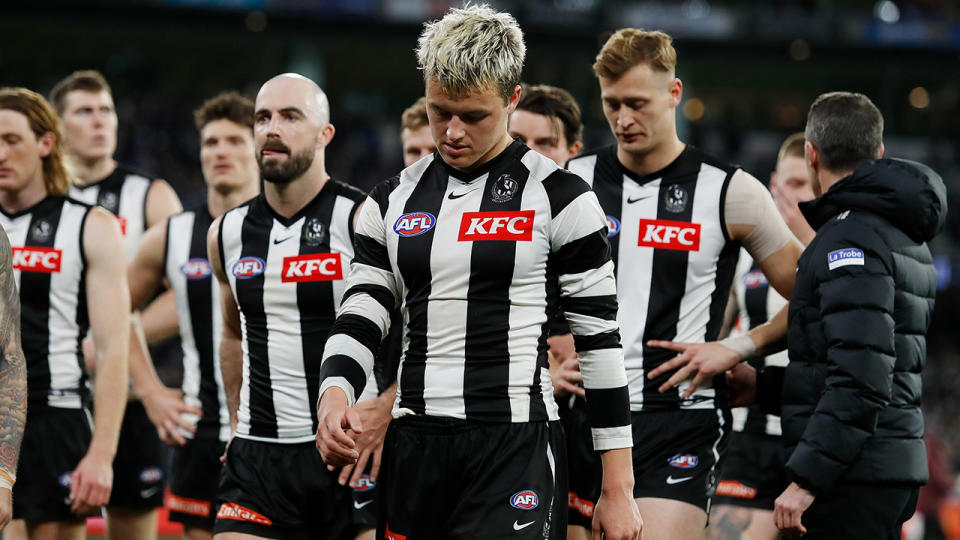 Collingwood and Jack Ginnivan will be hoping to keep their AFL season alive when they face Fremantle this weekend. (Photo by Dylan Burns/AFL Photos via Getty Images)