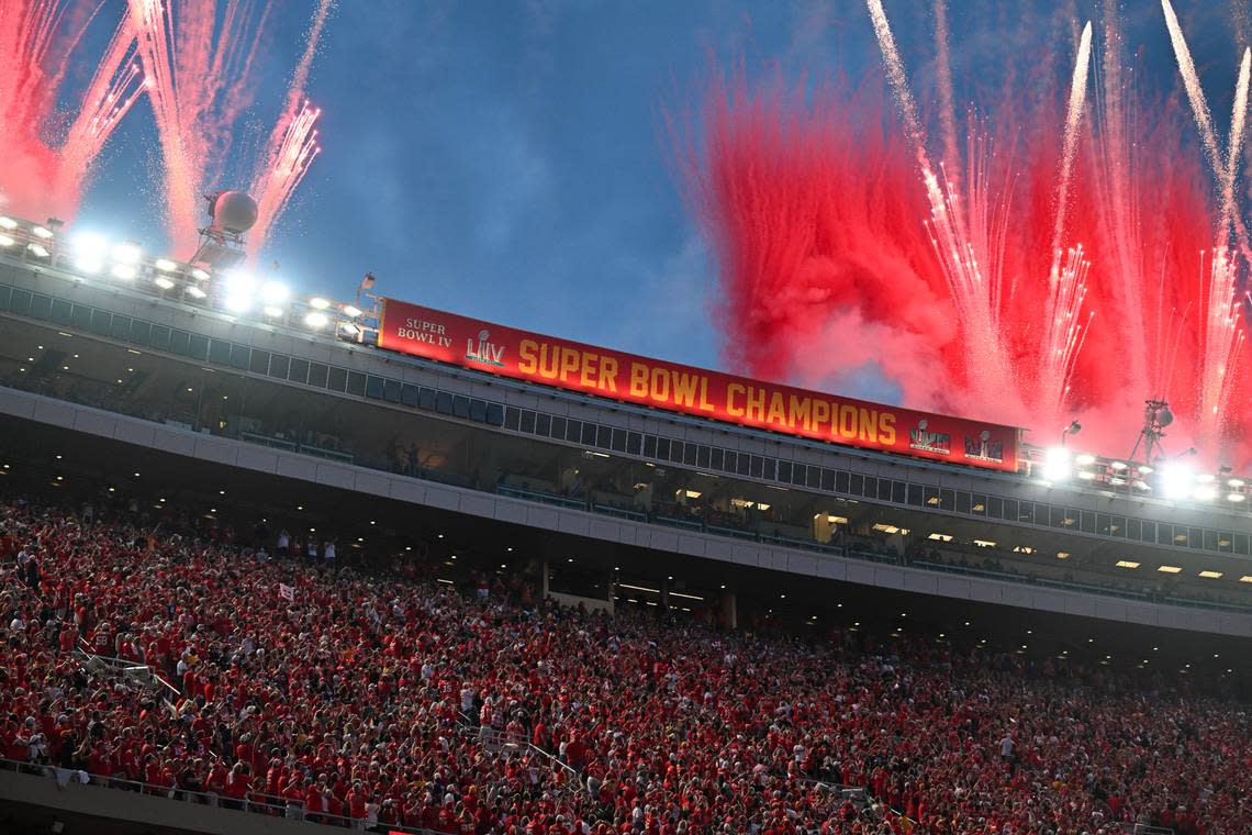 Fireworks go off around the new Super Bowl banner Thursday, Sept. 5, 2024, at GEHA Field at Arrowhead Stadium. The banner recognizes all four of the Kansas City Chiefs’ championships.