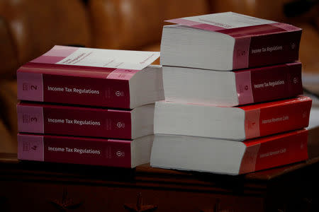 Tax documents are seen prior to a House Ways and Means Committee markup of the Republican Tax Reform legislation on Capitol Hill in Washington, U.S., November 9, 2017. REUTERS/Aaron P. Bernstein