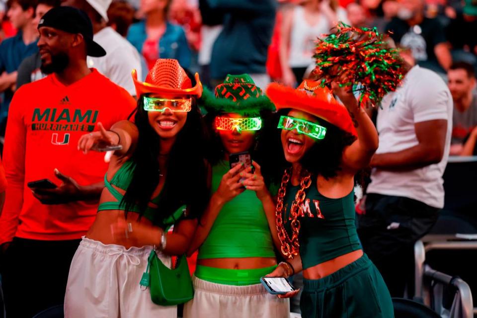 Miami Hurricanes show their support before the start of the Men’s Basketball Championship National Semifinal against the Connecticut Huskies at NRG Stadium in Houston, Texas on Saturday, April 1, 2003.