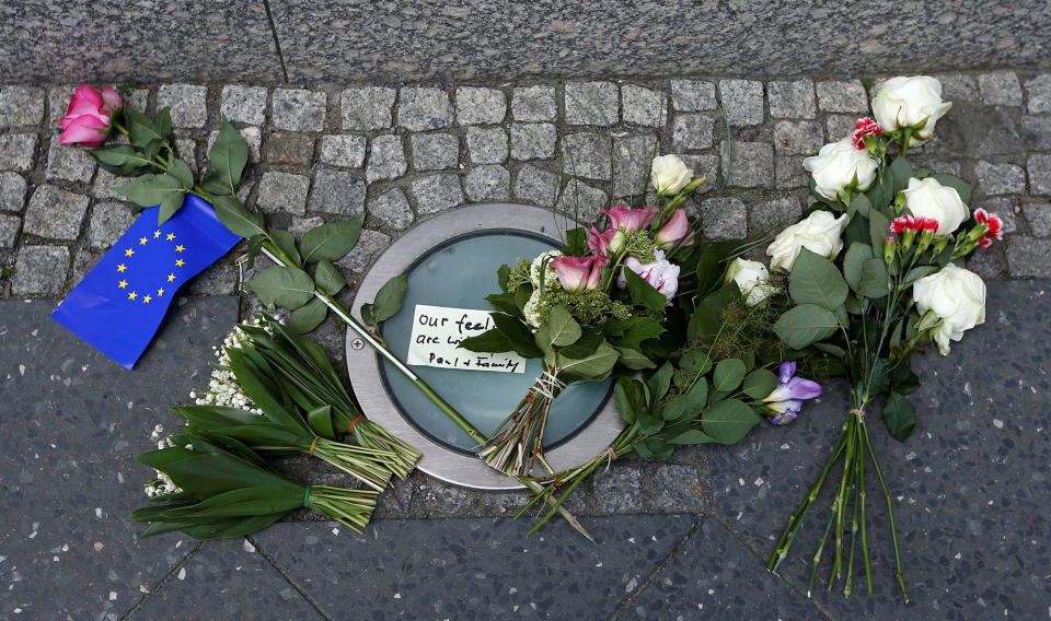 <p>Flowers as a tribute for victims of Monday’s suicide bombing at Manchester Arena in the English city of Manchester are seen in front of the British embassy in Berlin, Germany on May 23, 2017. (Fabrizio Bensch/Reuters) </p>