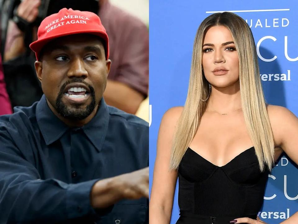 Kanye West wearing a MAGA hat (left) and Khloé Kardashian on a red carpet (right)