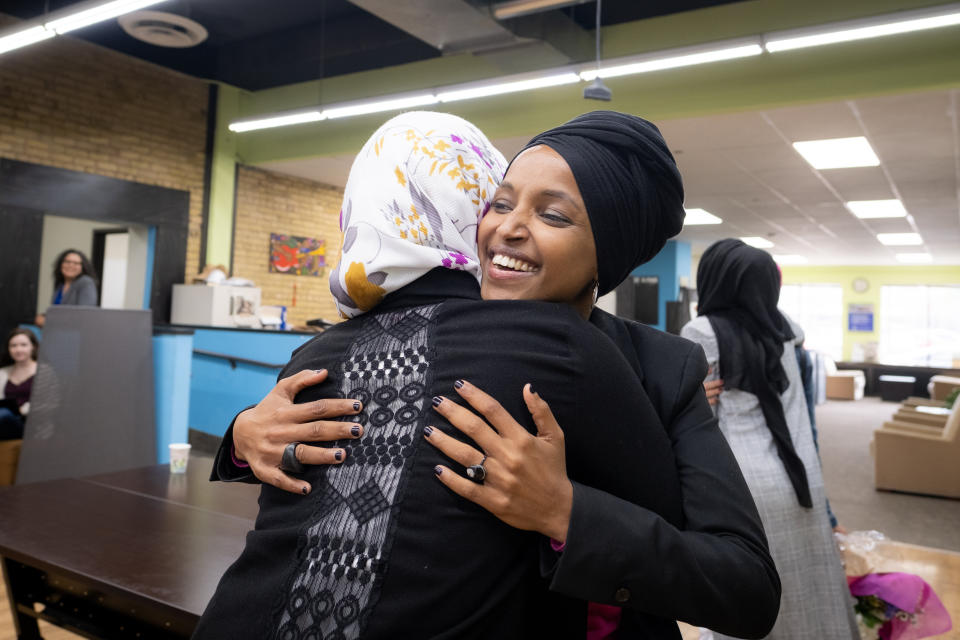 Representative Ilhan Omar greets community members at the RISE (Reviving Sisterhood) office in North Minneapolis on April 24, 2019. (Photo: Caroline Yang for HuffPost)