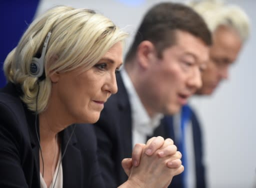France's Marine Le Pen, the leader of Czech far-right Freedom and Direct Democracy party (SPD) Tomio Okamura and the Netherlands' Geert Wilders at a conference of the rightwing Europe of Nations and Freedom (ENF) group