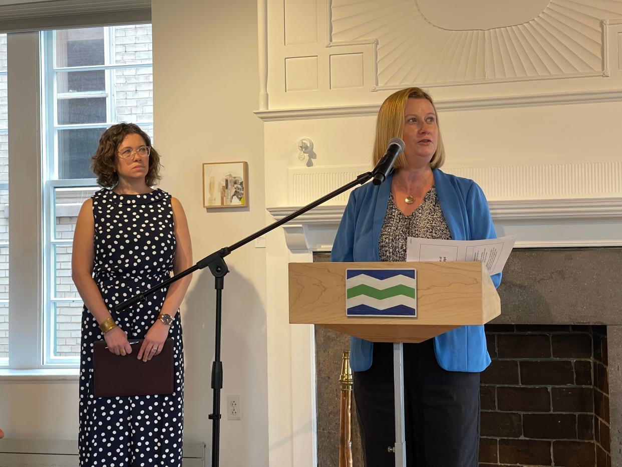 Chief Administrative Officer Katherine Schad spoke about the updated FY25 budget at a press conference in Burlington City Arts June 24, 2024. Mayor Emma Mulvaney-Stanak stands behind her.