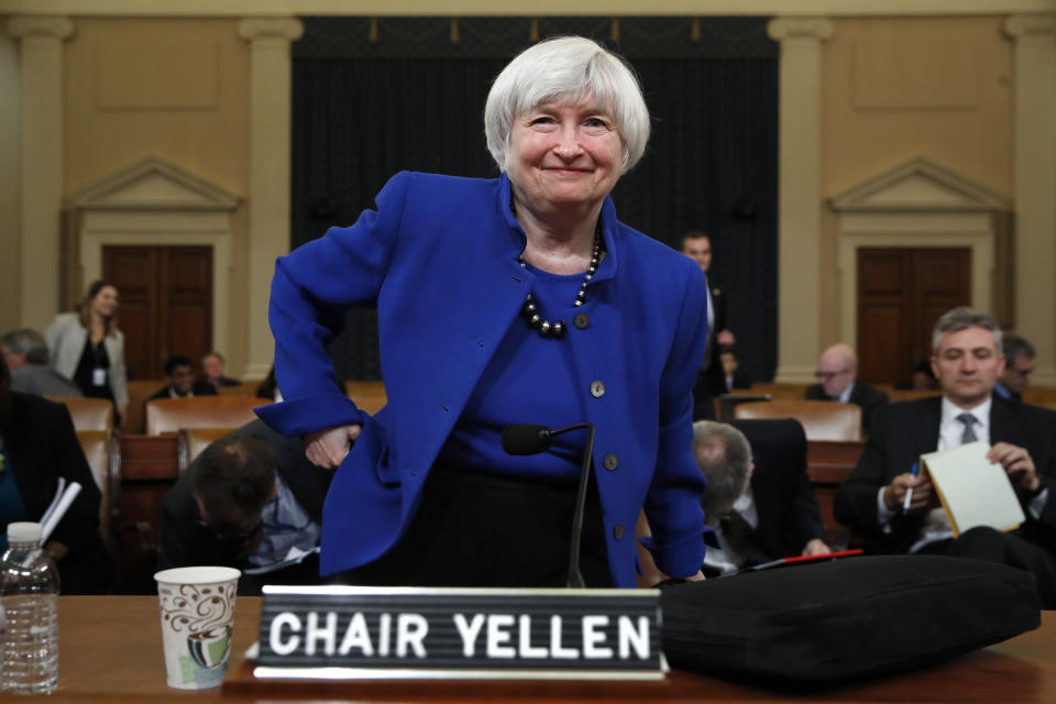 Federal Reserve Chair Janet Yellen gets up after testifying at a hearing of the Federal Reserve Board Joint Economic Committee, Wednesday, Nov. 29, 2017, in what is expected to be her last appearance on Capitol Hill in Washington. (AP Photo/Jacquelyn Martin)