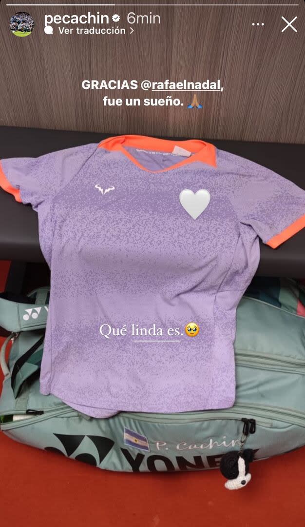 La publicación de Pedro Cachin en Instagram mostrando la camiseta que le obsequió Rafael Nadal
