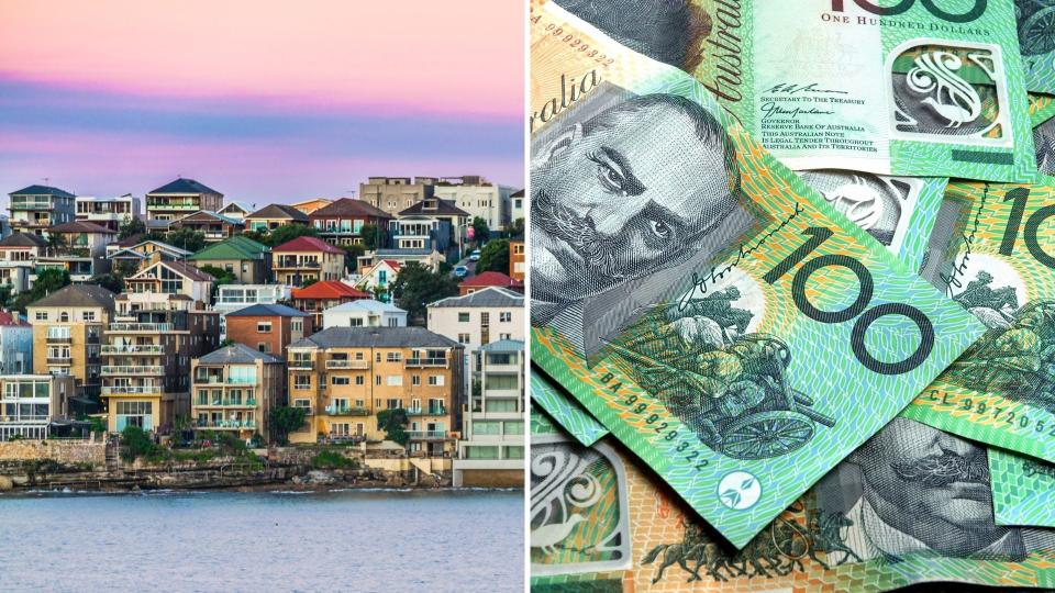 Australian houses on Sydney harbour, close up of Australian $100 notes. 