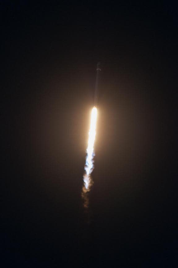 A SpaceX Falcon 9 v1.1 rocket streaks toward space carrying the commercial SES-8 communications satellite. The mission launched Dec. 3, 2013 from Cape Canaveral Air Force Station in Florida and is SpaceX's first commercial launch into a geostat