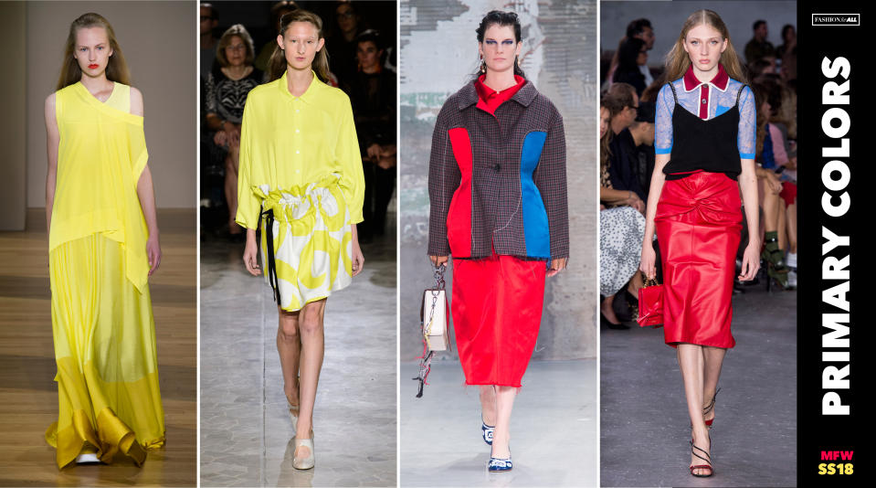 <p><i>Primary colors are back, as seen through the dresses, tops, skirts, and jackets in shades of yellow, red and blue seen all over MFW. (Photo: ImaxTree, Art: Quinn Lemmers for Yahoo Lifestyle) </i></p>