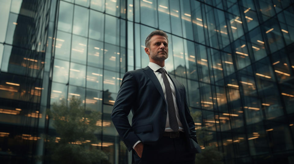 An executive standing in front of their headquarters building, proudly symbolizing the company's achievements.