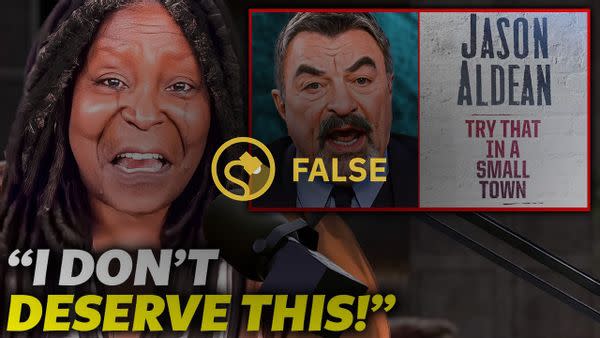 Um vídeo do YouTube afirmou que Whoopi Goldberg implorou por misericórdia depois que Tom Selleck a destruiu em relação aos comentários que ela fez sobre Jason Aldean.