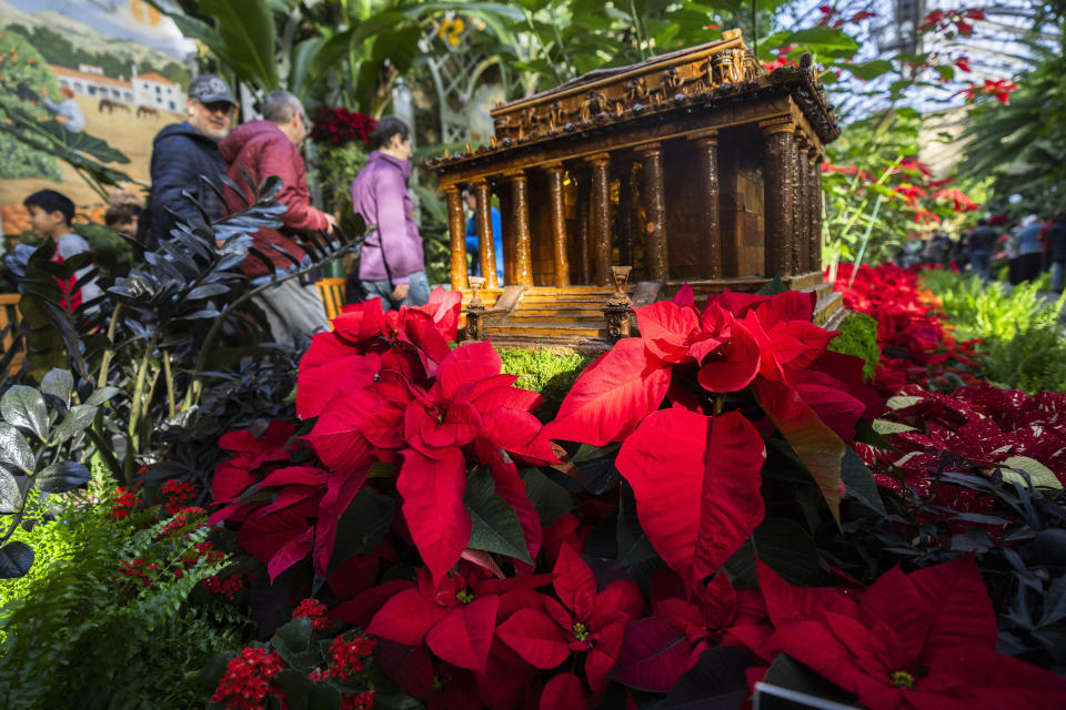 Visitors look at a replica of the Lincoln Memorial adorned with different varieties of poinsettias on display at the Smithsonian's U.S. Botanical Garden, Saturday, Dec. 16, 2023, in Washington. (AP Photo/Manuel Balce Ceneta)