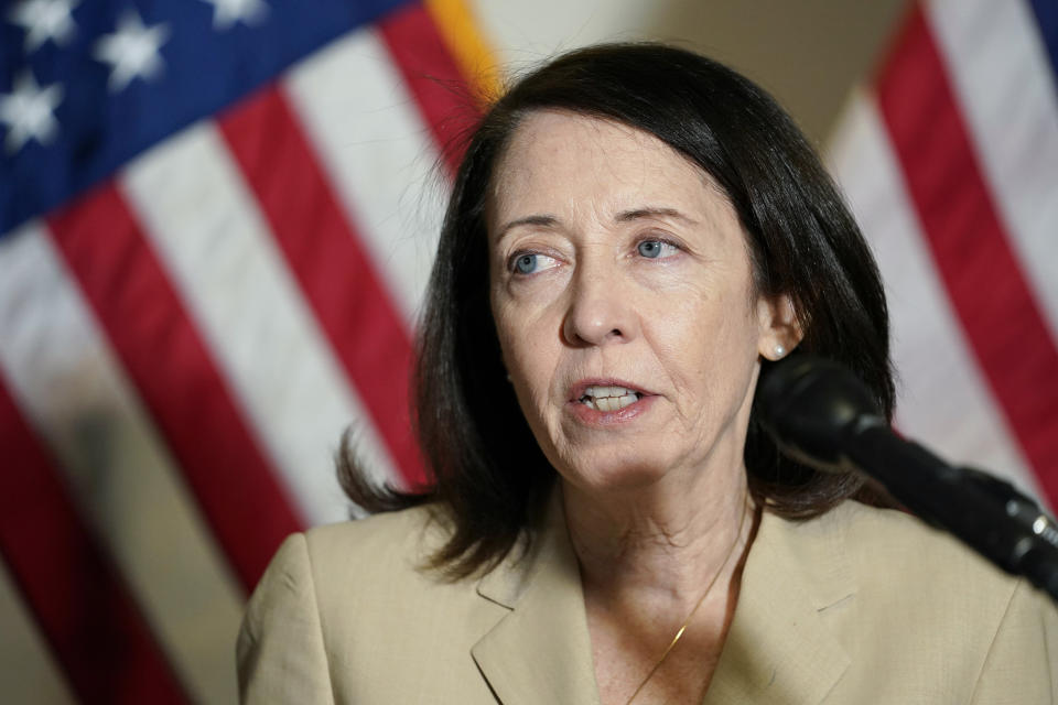 FILE - In this May 18, 2021, file photo, Sen. Maria Cantwell, D-Wash., speaks on Capitol Hill in Washington. The Senate is set to approve a big innovation bill aimed at making the U.S. more competitive with China and other countries. (AP Photo/Susan Walsh, File)