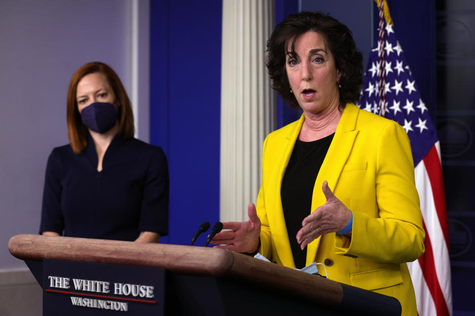 Special Assistant to the President & Coordinator for the Southern Border Ambassador Roberta Jacobson speaks as White House Press Secretary Jen Psaki listens during a daily press briefing at the James Brady Press Briefing Room of the White House March 10, 2021 in Washington, DC. (Alex Wong/Getty Images)