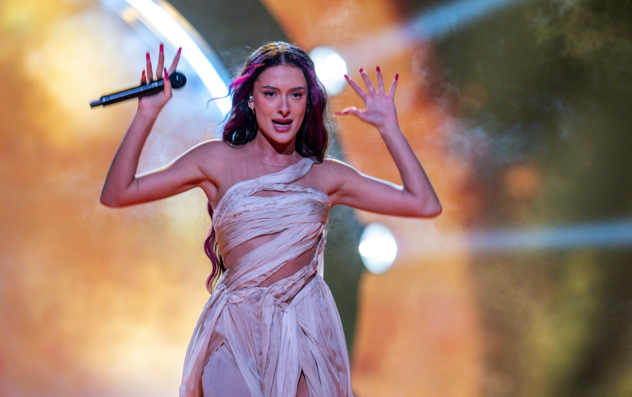 Eden Golan rehearsing Hurricane ahead of the second Eurovision semi-final in Malmo. (Getty Images)