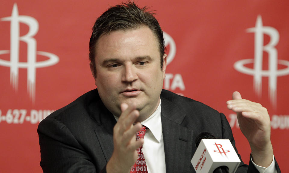 FILE- In this April 19, 2011, file photo, Houston Rockets general manager Daryl Morey discusses the direction of the team with the media during a basketball news conference in Houston, after the decision to part ways with head coach Rick Adelman. (AP Photo/Pat Sullivan, File)