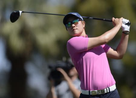 March 30, 2017; Rancho Mirage, CA, USA; Eun Jeong Seong hits from the eleventh course tee box during the first round of the ANA Inspiration golf tournament at Mission Hills CC-Dinah Shore Tournament Course. Gary A. Vasquez-USA TODAY Sports