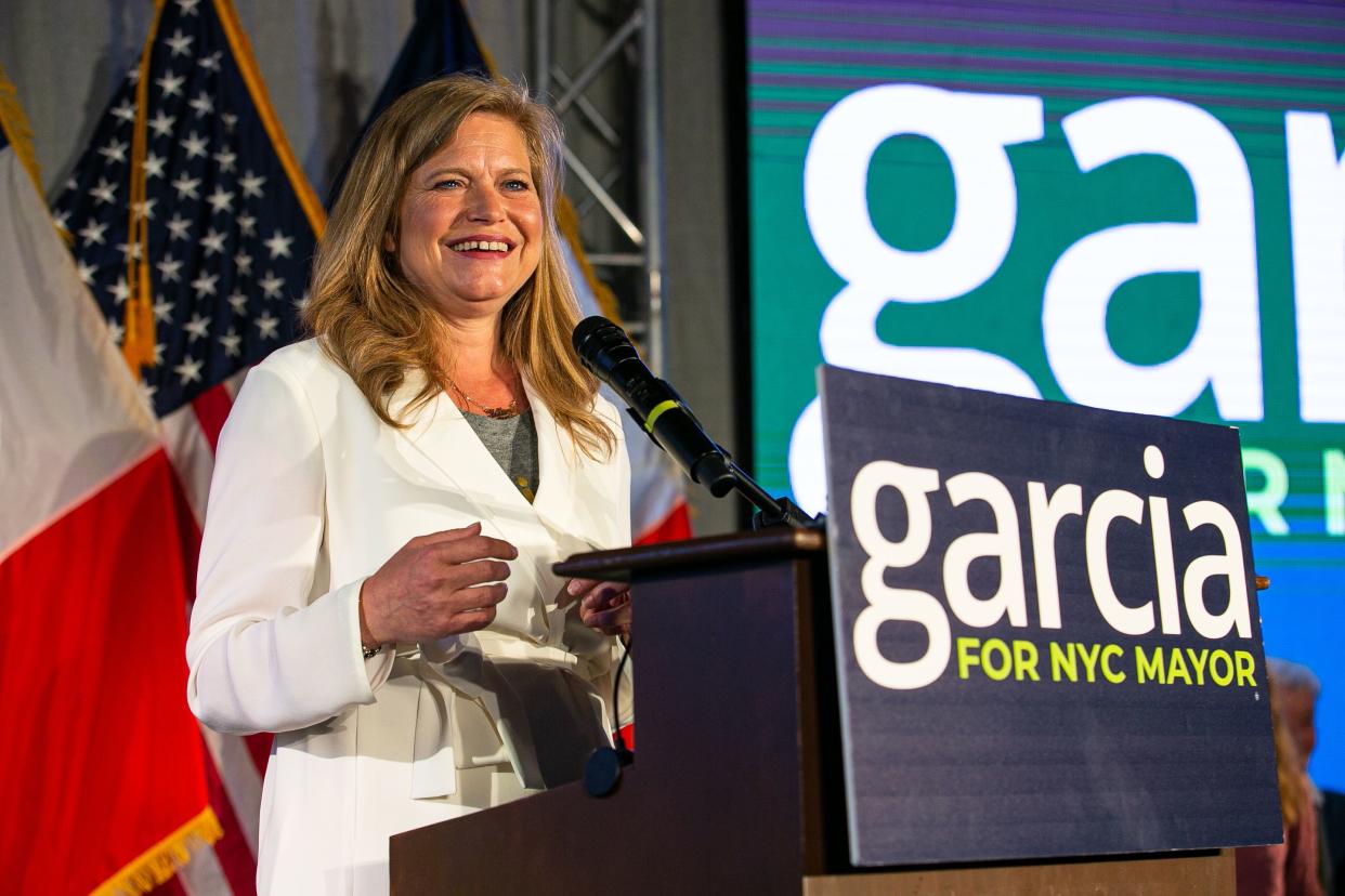 Mayoral candidate Kathryn Garcia speaking to her supporters on election night at 99 Scott Ave in Brooklyn, New York on Tuesday, June 22, 2021.