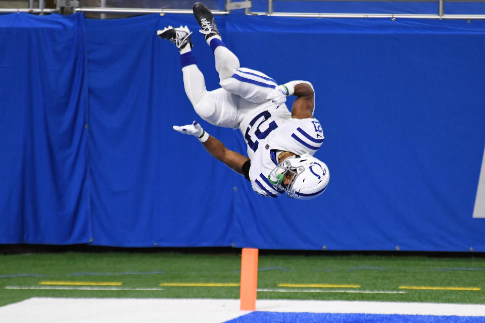 Nyheim Hines of the Indianapolis Colts celebrates after scoring a touchdown. (Photo by Nic Antaya/Getty Images)