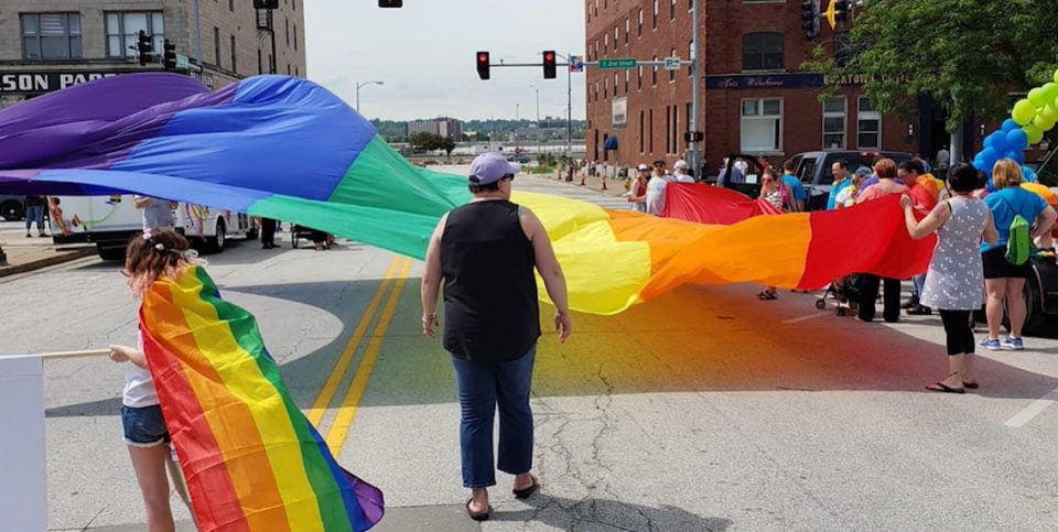 A scene from a downtown Davenport gay pride parade shown in “Our Story: Pride in Memory.”