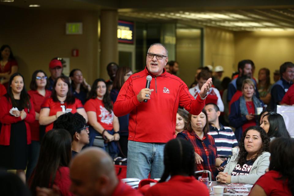 Frank Lamas spoke to employees and staff during a homecoming event on the lower level of California State University, Fresno's student union on Oct. 25, 2019.