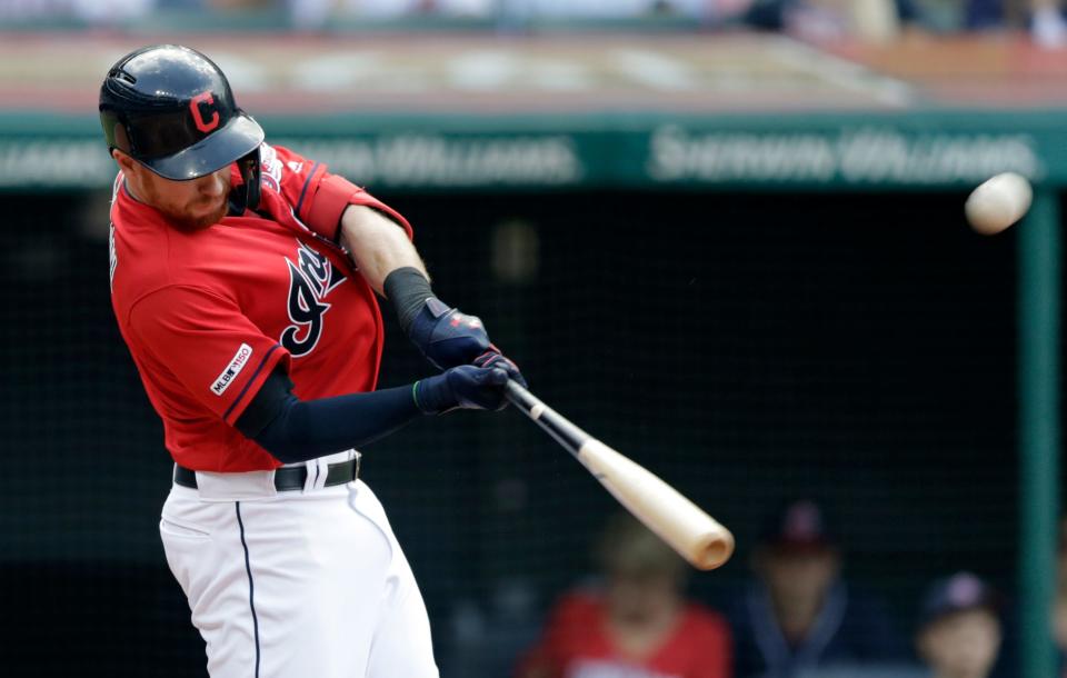 Cleveland Indians' Jordan Luplow hits a two-run home run off Baltimore Orioles starting pitcher John Means in the fourth inning of a baseball game, Saturday, May 18, 2019, in Cleveland. Carlos Santana scored on the play. (AP Photo/Tony Dejak)