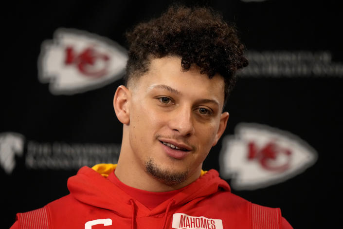 Kansas City Chiefs quarterback Patrick Mahomes talks to the media before an NFL football workout Thursday, Jan. 26, 2023, in Kansas City, Mo. The Chiefs are scheduled to play the Cincinnati Bengals Sunday in the AFC championship game. (AP Photo/Charlie Riedel)