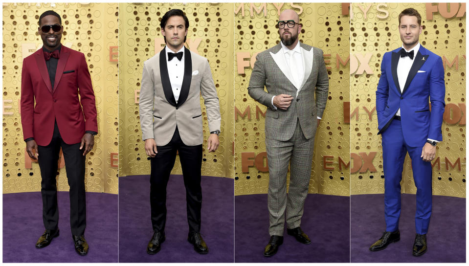 This combination photo shows the cast of "This Is Us," from left, Sterling K. Brown, Milo Ventimiglia, Chris Sullivan and Justin Hartley at the 71st Primetime Emmy Awards in Los Angeles on Sept. 22, 2019. (AP Photo)