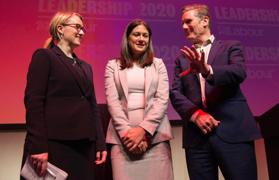 GLASGOW, SCOTLAND - FEBRUARY 15: (L-R) Rebecca Long-Bailey, Lisa Nandy and Sir Keir Starmer stand together after speaking at the Labour leadership hustings on the stage at SEC in Glasgow on February 15, 2020 in Glasgow, Scotland. Sir Keir Starmer, Rebecca Long-Bailey and Lisa Nandy are vying to replace Labour leader Jeremy Corbyn, who offered to step down following his party's loss in the December 2019 general election. Emily Thornberry was eliminated from the race yesterday after failing to secure enough nominations from local constituency parties. (Photo by Robert Perry/Getty Images)