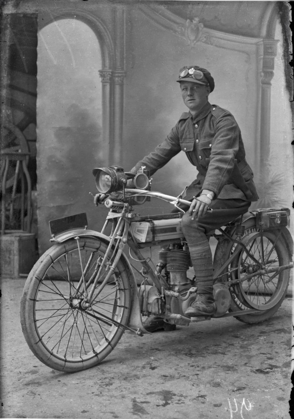 <p>A private of the Royal Engineers sits stationary on his motorcycle. The chevrons on his lower right sleeve show that he is in his third year of overseas service, meaning the picture was taken in 1918 or later. (Courtesy Kerry Stokes Collection, The Louis and Antoinette Thuillier Collection) </p>