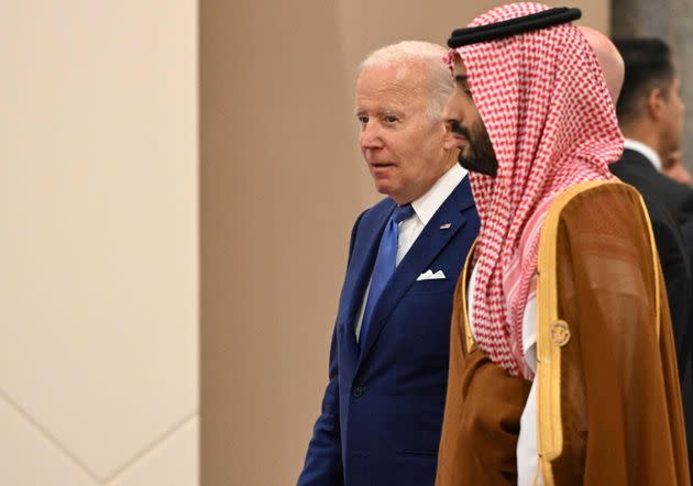 President Joe Biden and Saudi Crown Prince Mohammed bin Salman arrive to take a photo during the 