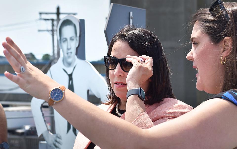 Lt. Gov. Kim Driscoll is given a tour of the Battleship Massachusetts on Thursday, Aug. 3, by Meghan Rathbun, Battleship Cove's executive director.