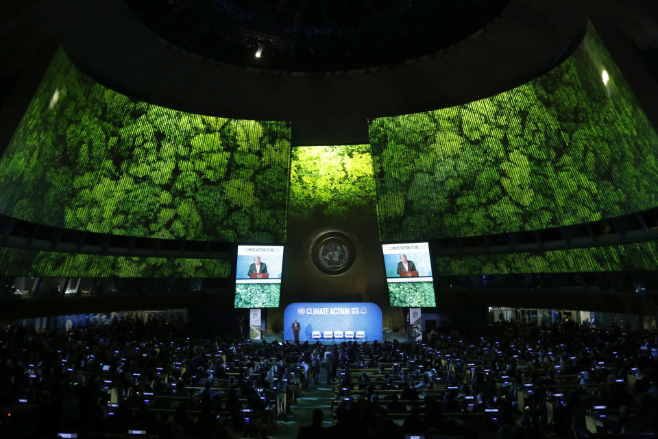 Secretary-General Antonio Guterres addresses the Climate Summit in the United Nations General Assembly at U.N. headquarters, Monday, Sept. 23, 2019. (AP Photo/Jason DeCrow)