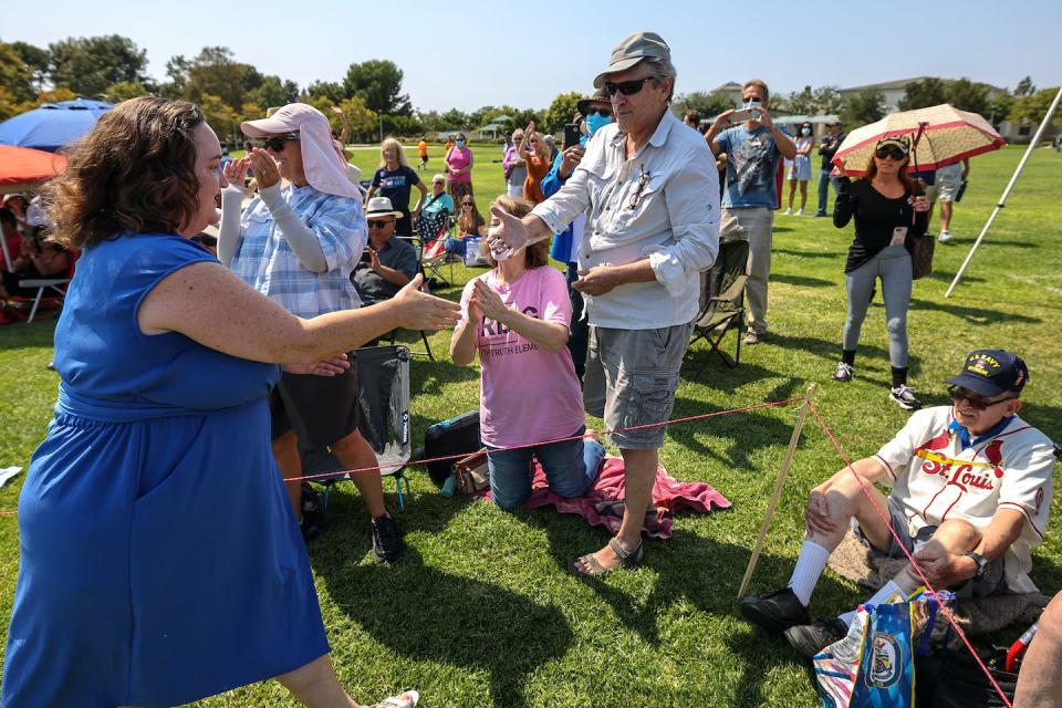 In-person constituent events, like this one in 2021 with U.S. Rep. Katie Porter of California, help elected officials and the people they serve connect. <a href="https://www.gettyimages.com/detail/news-photo/irvine-ca-sunday-july-11-2021-representative-katie-porter-news-photo/1233942362" rel="nofollow noopener" target="_blank" data-ylk="slk:Robert Gauthier/Los Angeles Times via Getty Images;elm:context_link;itc:0;sec:content-canvas" class="link ">Robert Gauthier/Los Angeles Times via Getty Images</a>