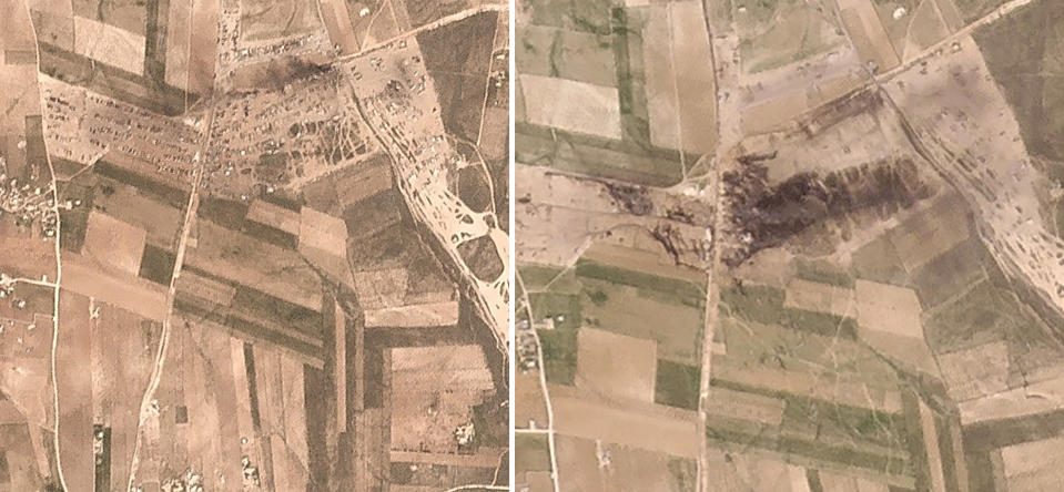 In this combination made from two satellite images from Planet Labs Inc. shows the before and after, left, March 3, 2021, right, March 6, 2021 , of the aftermath of a fire following a suspected Russian missile strike early Saturday, March 6, 2021, on an oil-loading facility just northwest of the city of Manbij, Syria. (Planet Labs Inc. via AP)