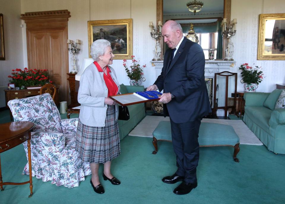 Queen Elizabeth II confers the honour of Knight of the Order of Australia upon His Excellency Sir Peter Cosgrove, the Governor-General of Australia at Balmoral, Scotland.