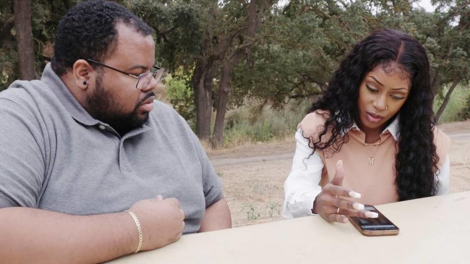 Modesto resident Tyray Mollett and his sister, Lashanti, investigate Carmella’s photos in a Modesto, Calif. park in a scene from the new season of “90 Day Fiancé: Before the 90 Days” airing on the TLC channel. TLC/Discovery, Inc.