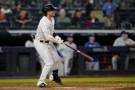 New York Yankees Luke Voit watches his ninth-inning, walk-off RBI single in the Yankees 6-5 win over the Kansas City Royals in a baseball game, Wednesday, June 23, 2021, at Yankee Stadium in New York. (AP Photo/Kathy Willens)