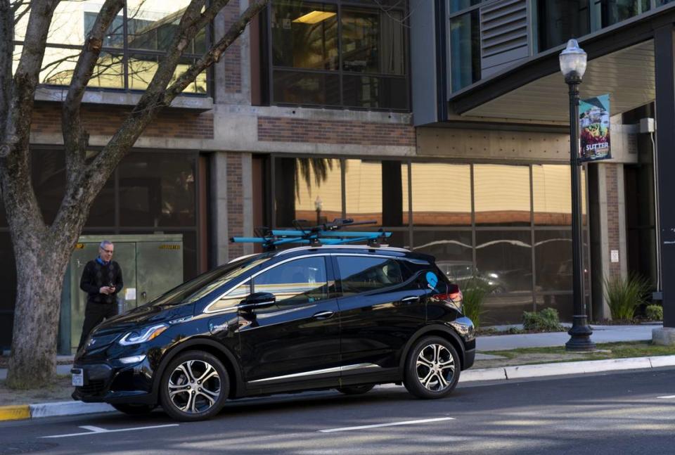 A Gig electric car awaits rental in downtown Sacramento in 2019, soon after the service’s introduction. The all-electric Chevy Bolts disappeared from city streets in February 2023. Autumn Payne/Sacramento Bee file