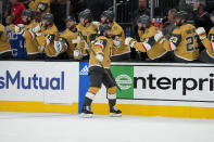 Vegas Golden Knights right wing Jonathan Marchessault celebrates his goal against the Florida Panthers during the first period of Game 2 of the NHL hockey Stanley Cup Finals, Monday, June 5, 2023, in Las Vegas. (AP Photo/John Locher)