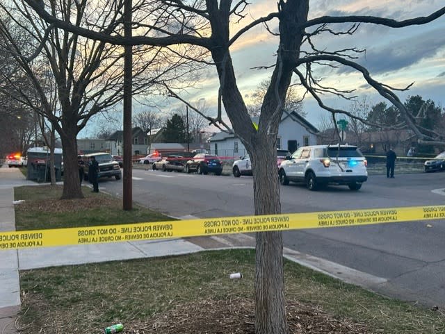Police tape marks the scene of a shooting near 29th Avenue and Gilpin Street in Denver on March 30, 2024.