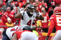 Houston Texans quarterback Deshaun Watson (4) calls a play during the first half of an NFL divisional playoff football game against the Kansas City Chiefs, in Kansas City, Mo., Sunday, Jan. 12, 2020. (AP Photo/Ed Zurga)