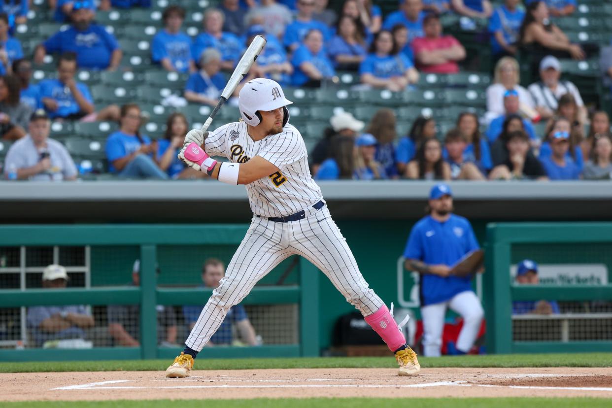 Mooresville's Hogan Denny (2) at bat during the IHSAA high school baseball Class 4A state final as the Lake Central Indians vs Mooresville Pioneers, Jun 15, 2024; Indianapolis, IN, USA; at Victory Field.