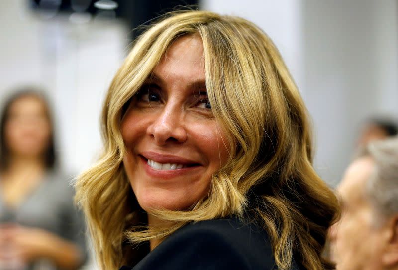 Carole Ghosn, wife of former Nissan chairman Carlos Ghosn is seen during his news conference at the Lebanese Press Syndicate in Beirut