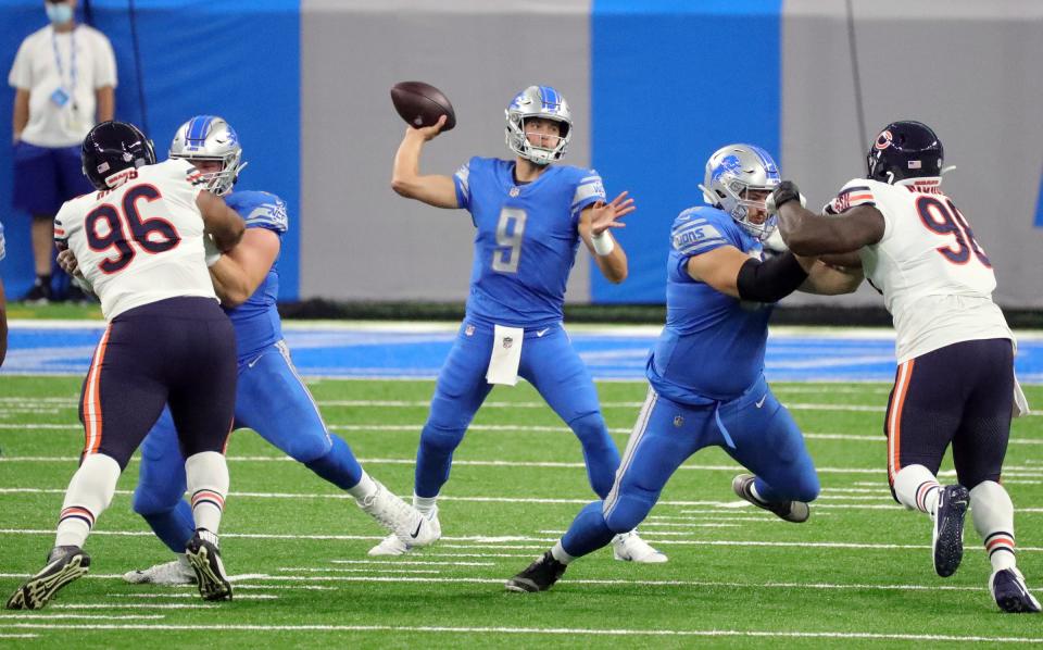 Lions quarterback Matthew Stafford passes against the Bears during the first half at Ford Field on Sunday, Sept. 13, 2020.