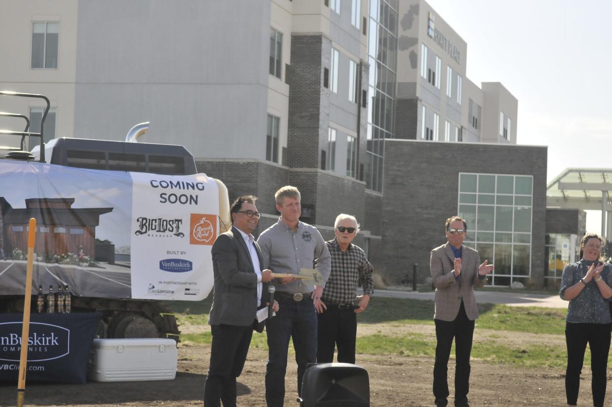 Owner Sam Clikeman is presented a commemorative shovel at the Big Lost Meadery and Ranch & Roost groundbreaking ceremony April 15, 2024.