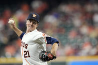 Houston Astros starting pitcher Zack Greinke (21) throws against the Texas Rangers during the first inning of a baseball game Wednesday, June 16, 2021, in Houston. (AP Photo/David J. Phillip)